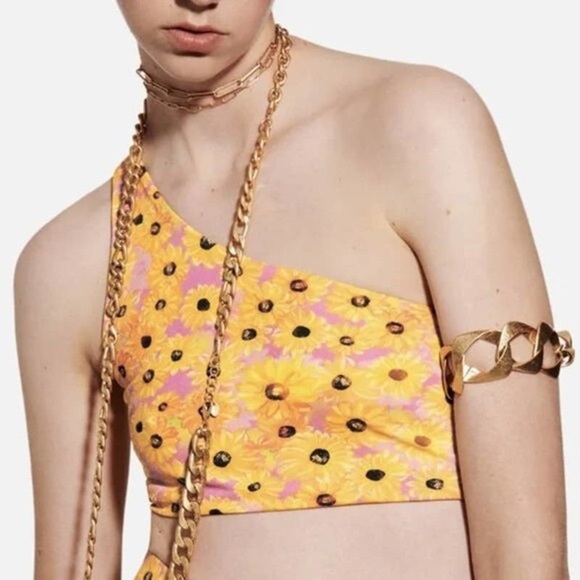 Zara NWT Yellow & Pink Sunflower Print One Shoulder Cropped Top Medium Women’s - Picture 10 of 10